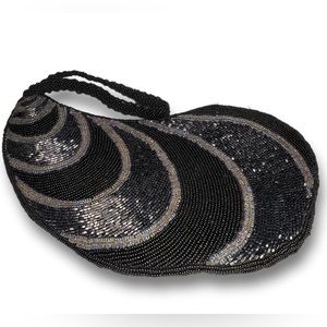 Vintage Handmade Black Silver Beaded Kidney Shaped Wristlet Evening Clutch
